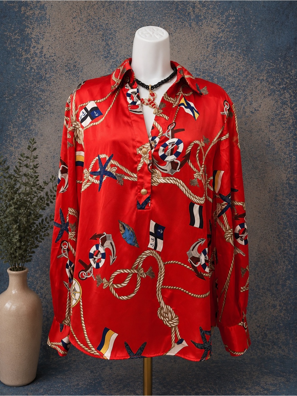 ZARA - Red Nautical Print Satin Blouse- MEDIUM